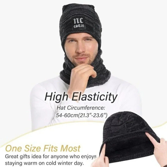 Unisex Winter Beanie Hat Scarf Set Warm Knit Hats Fleece Lined Winter Cap Neck - Picture 2 of 5